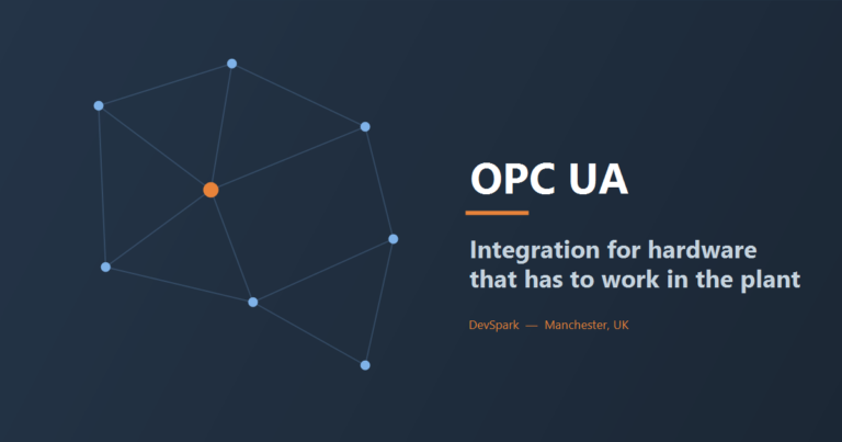 Network of connected OPC UA nodes beside the words OPC UA, integration for hardware that has to work in the plant
